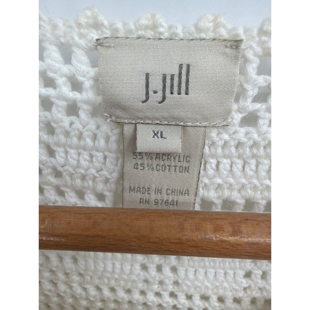 J. Jill Crochet Knit Cardigan Top XL Off White Ivory Short Sleeve Button Front - Picture 3 of 7